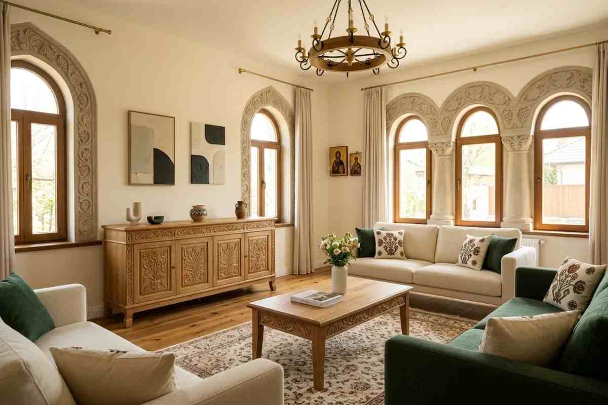7. Mostenirea stilului brancovenesc in arhitectura contemporana_Interior contemporan cu mobilier din lemn masiv inspirat de elementele stilului brancovenesc